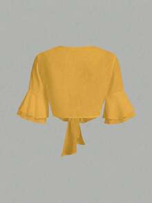 GlowEve Solid Color Knotted Casual Cropped Shirt - Yellow - View 2