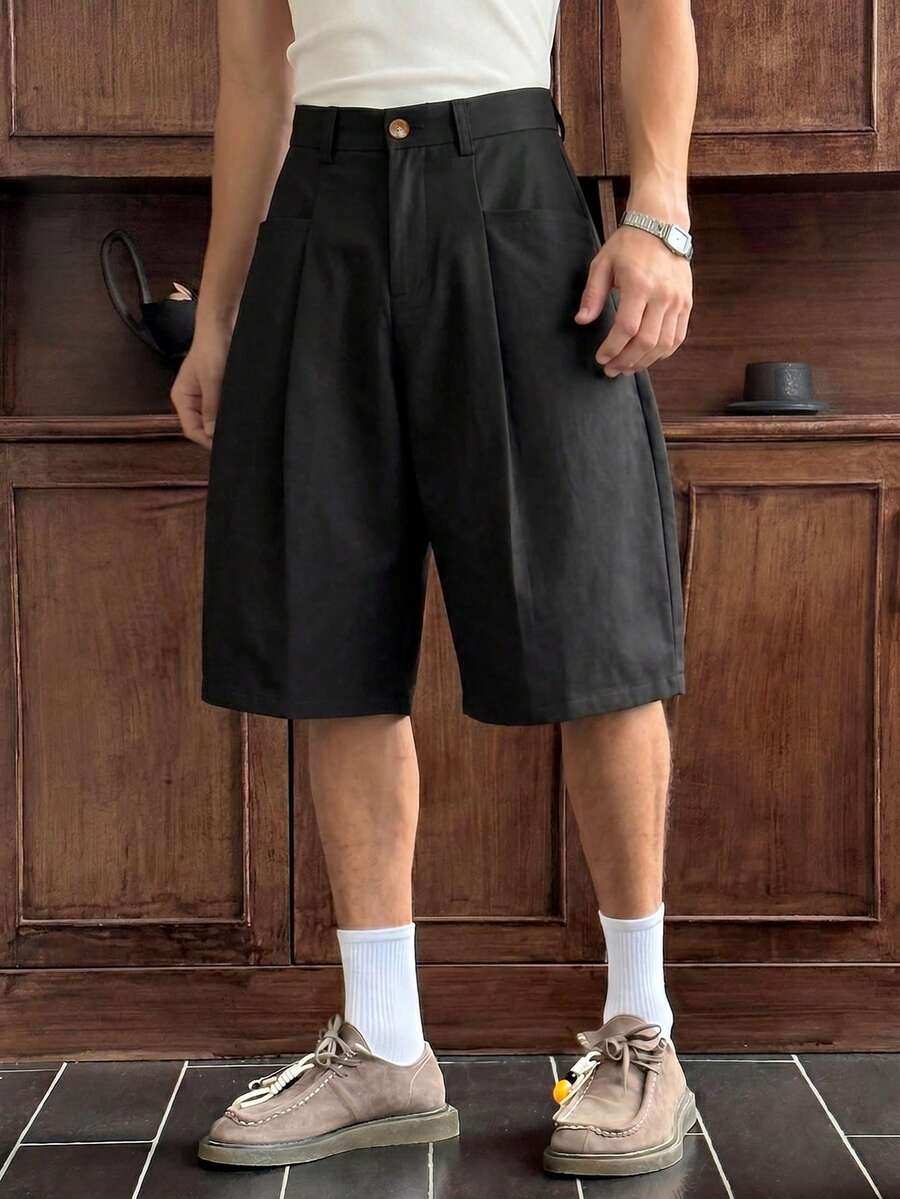 SWAVVY Quần short nam cài nút xếp ly phong cách casual đa năng mặc hằng ngày và du lịch - màu đen - Xem 1