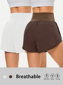 SHEIN Velisys Bộ 2 món quần short thể thao in chữ, thiết kế eo bất đối xứng, tôn dáng, phong cách thường ngày đa năng - Nhiều màu - Xem 2