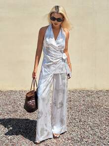 DAZY Tie-Dye Halter Neck Backless Lace-Up Tank Top And Long Pants Elegant Vacation Summer Set Women's Two Pieces - Grey - View 4