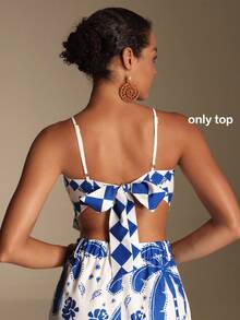 Swim Oasis Women's Elegant Tropical Shell Print Blue And White Boho Cropped Top Shorts Outfit Sets,Summer Casual Tropical Holiday Vacation Beach Resort Wear - Blue - View 2