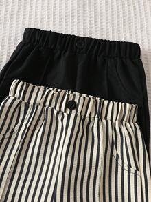 SHEIN 幼童男童休閒簡約純色梭織涼感絲棉摺疊印花鈕扣鬆緊腰長褲，適合戶外、春夏秋季 - 彩色 - 查看 8
