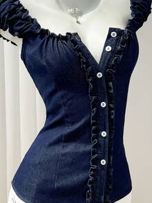 Elamini Women's Summer Casual Front Button Cross Tie Waist Denim Top - Dark Wash - View 6