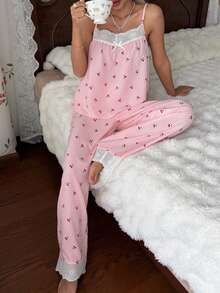 CottageSlumber Women's Romantic Sweet Pink Plaid Cherry Print Camisole Pajama Set, Embroidered Lace Trim, 2 Pieces Loungewear - Pink - View 4