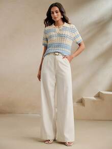 Anewsta 女款甜美條紋短袖針織上衣休閒POLO領撞色短袖夏季 - 藍白色 - 查看 6