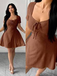 Elenzga Plus Size Fitted Slimming Fashion Yellow Jacquard Dress - Brown - View 1