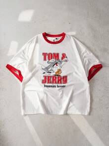 TOM & JERRY X SHEIN Men's Round Neck Letter Cartoon Print Casual Versatile Daily Outing Short Sleeve T-Shirt - White - View 1