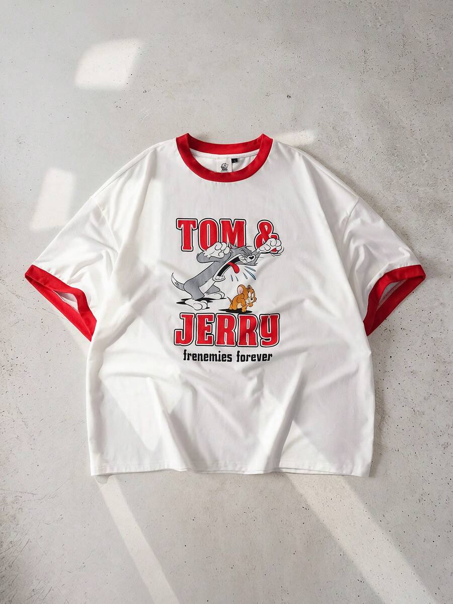 TOM & JERRY X SHEIN Men's Round Neck Letter Cartoon Print Casual Versatile Daily Outing Short Sleeve T-Shirt - White - View 1