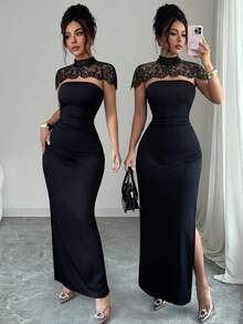 SHEIN Elenzya Fitted Strapless Dress With Lace Stand Collar And Solid Color Cut - Black - View 1