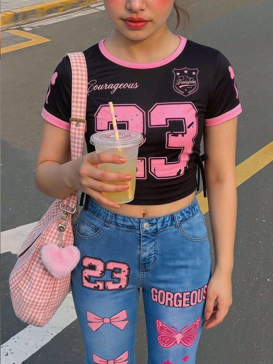 SHEIN 2件套女童字母数字图案圆领褶皱休闲T恤和喇叭裤套装 - 彩色 - 查看 1
