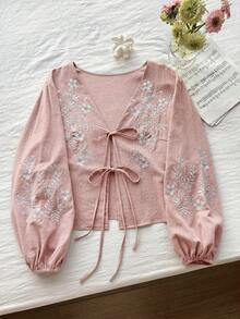 Comfortcana 大尺碼女款秋冬花卉刺繡前綁帶長袖襯衫 度假晚裝 灰粉色 優雅傳統秋季風 - 粉色 - 查看 5