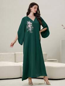 Yasmyna Colorblock Patchwork Luxurious 3D Embroidered Applique V-Neck Long Sleeve Turkish Tunic - Dark Green - View 3