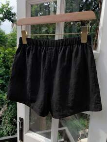 SHEIN Pantalones cortos casuales versátiles de unicolor para niñas preadolescentes en verano - Negro - Ver 2