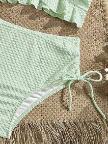 Swim Vcay 女款素色紋理面料甜美荷葉邊抽繩抓皺高腰比基尼背心泳衣 - 薄荷綠 - 查看 4