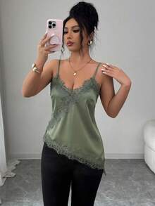 Rafferiza 女款優雅法式不對稱下擺蕾絲細肩帶背心上衣 - 橄欖綠 - 查看 1