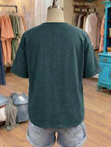 SHEIN LUNE CURVE 大尺碼女款素色仿亞麻圓領刺繡七分袖休閒襯衫 - 藍色 - 查看 2