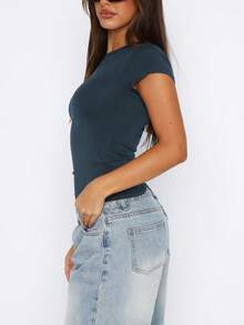 Sundraya Solid Cap Sleeve Crop Tee For Dailywear - Navy Blue - View 4