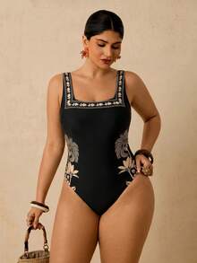 Travachic 女款方領貼身一件式泳衣黑色印花海灘套裝春夏度假服飾 - 黑色 - 查看 6