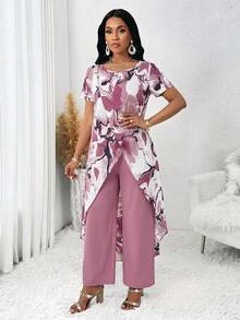 SHEIN Lady Women's Elegant Design 2pcs Set Round Neck Short Sleeve Allover Print Split Top And Comfortable Wide-Leg Pants - Multicolor - View 6