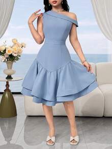 Feyla Women's Elegant Party Solid Color Asymmetric Neckline Midi Dress - Baby Pink - View 7