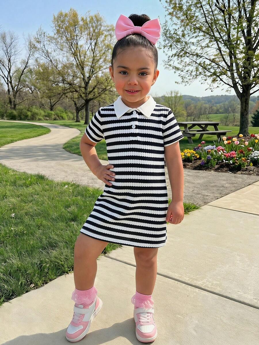 Young Girl Casual Daily Fashion Lapel Black And White Textured Striped Dress - Black and White - View 1