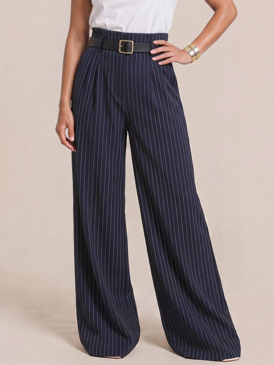 Juhart Pantalones sueltos con pliegues a rayas para mujer de talla grande, adecuados para el uso diario - Azul Marino - Ver 1