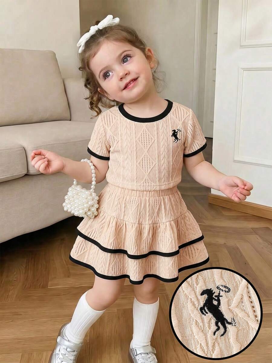 Genkimix Kids Girls' Embroidered Crew Neck Short Sleeve Textured Knit T-Shirt And Sweet Cake Skirt Set, Suitable For Casual Daily Wear And Fresh Summer Vacation, Beach, Outing Cute And Sweet Outfit - Khaki - View 1