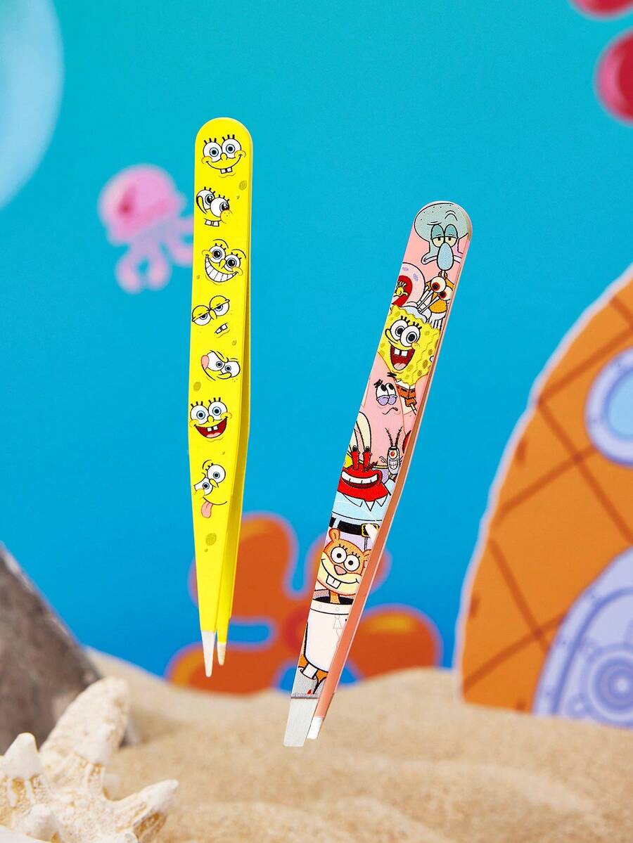SpongeBob SquarePants | SHEIN 2入組卡通印花精準鑷子套組,斜尖與尖頭設計,適用於修眉、臉部毛髮及內生毛,專業不鏽鋼美容工具 - 彩色 - 查看 1
