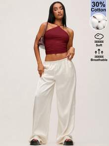 SHEIN BASICS 女款素色掛脖百褶修身百搭日常外出上衣 - 酒紅色 - 查看 4