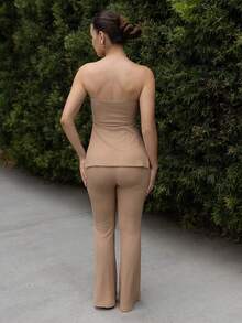 Andrea Bello Ladies' Plain Strapless Top With High Slit And Pants Set Summer - Khaki - View 2