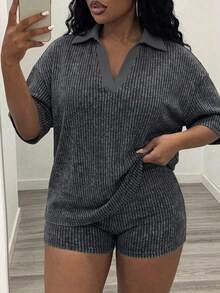Slaydiva Plus Size Summer Casual Smart Casual Short Sleeve Top And Shorts 2 Pieces Set Workwear Gray - Multicolor - View 1