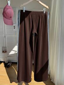 Comfortcana Comfortable Plus Size Green Striped Knit Sweatpants With Drawstring, Suitable For Casual Wear. - Multicolor - View 2