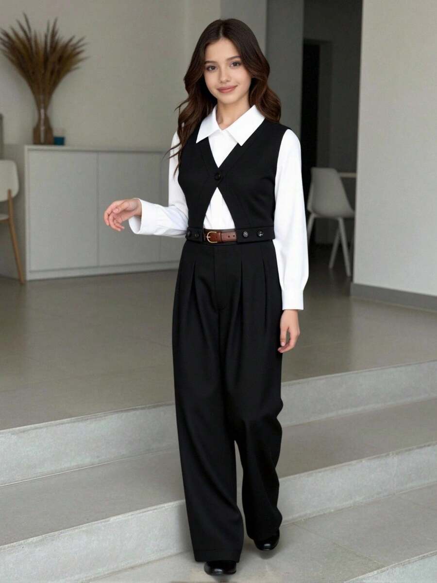 SHEIN 青少年女孩拼色拼接襯衫與長褲套裝 - 黑色 - 查看 1