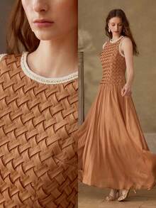 MOTF PREMIUM TEXTURED BODICE SHINY FLARED HEM FITTED ELEGANT WOMEN LONG DRESS - Champagne - View 1