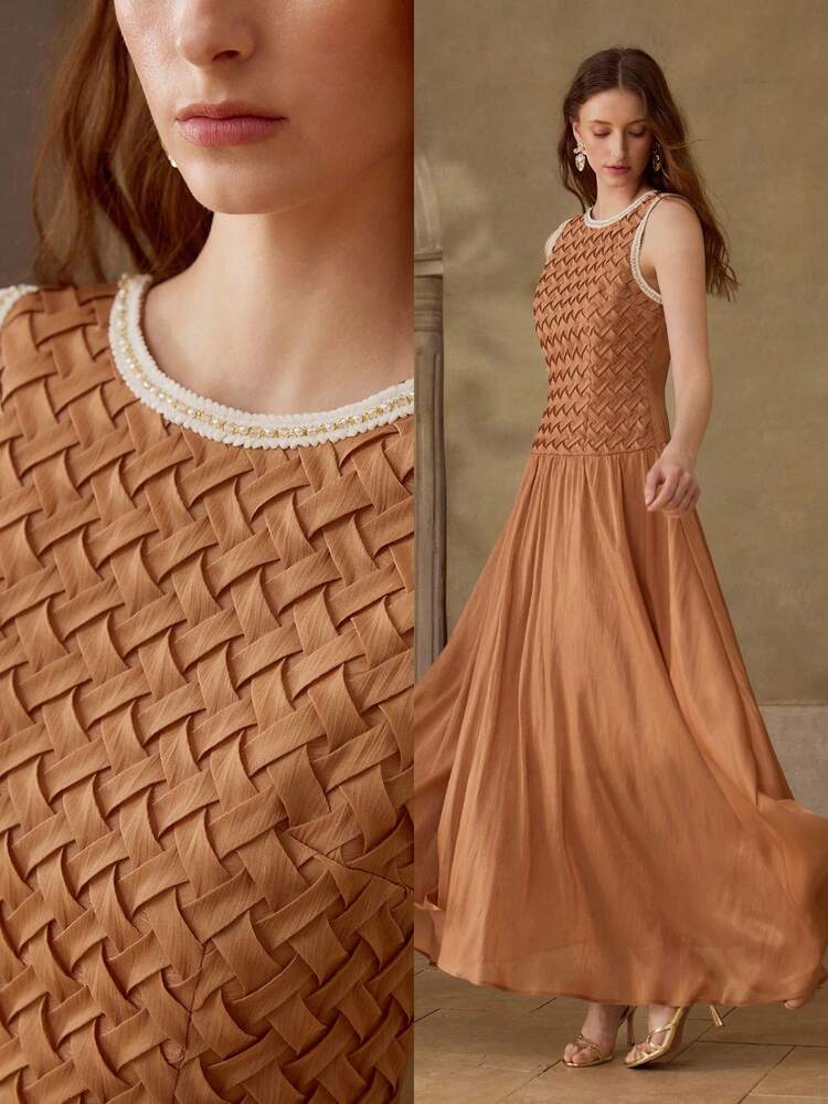 TEXTURED BODICE SHINY FLARED HEM FITTED ELEGANT WOMEN LONG DRESS