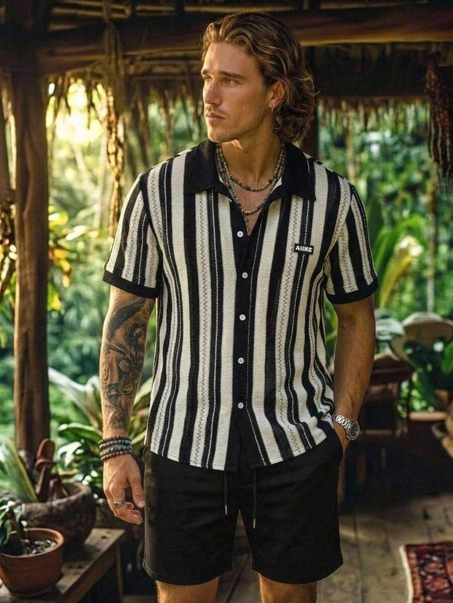 Alderstead Men's Casual Striped Formal Shirt Set For Summer, Short Sleeve Shirt + Drawstring Shorts, Comfortable For Outings - Black - View 1