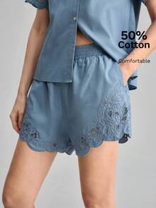 Ontre 2026 Women's Dusty Blue Summer Hollow Out Embroidery Loose Fit Shorts Elegant Romantic Elastic Waist Casual Chic Vacation Minimalist Solid Urban - Blue - View 3