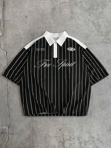 AXEPEAK 男士條紋字母印花休閒通勤短袖 Polo 衫 - 黑色 - 查看 1
