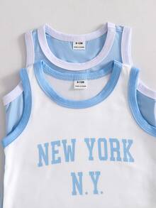 SHEIN Playful Pals 男嬰 4件套 字母印花圓領背心與運動短褲全套裝，運動風，適合夏季 - 彩色 - 查看 9