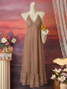 Livesso Women's Vacation Casual Boho Brown Stripe Backless Halter Neck Swim Dress Summer Beach - Brown - View 4