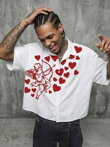 Manfinity ZONE917 Boxy Cropped Street Style Fun Red Little Angel All-Over Heart Print White Short Sleeve Shirt, Suitable For Spring And Summer, Gift For Boyfriend - Multicolor - View 1