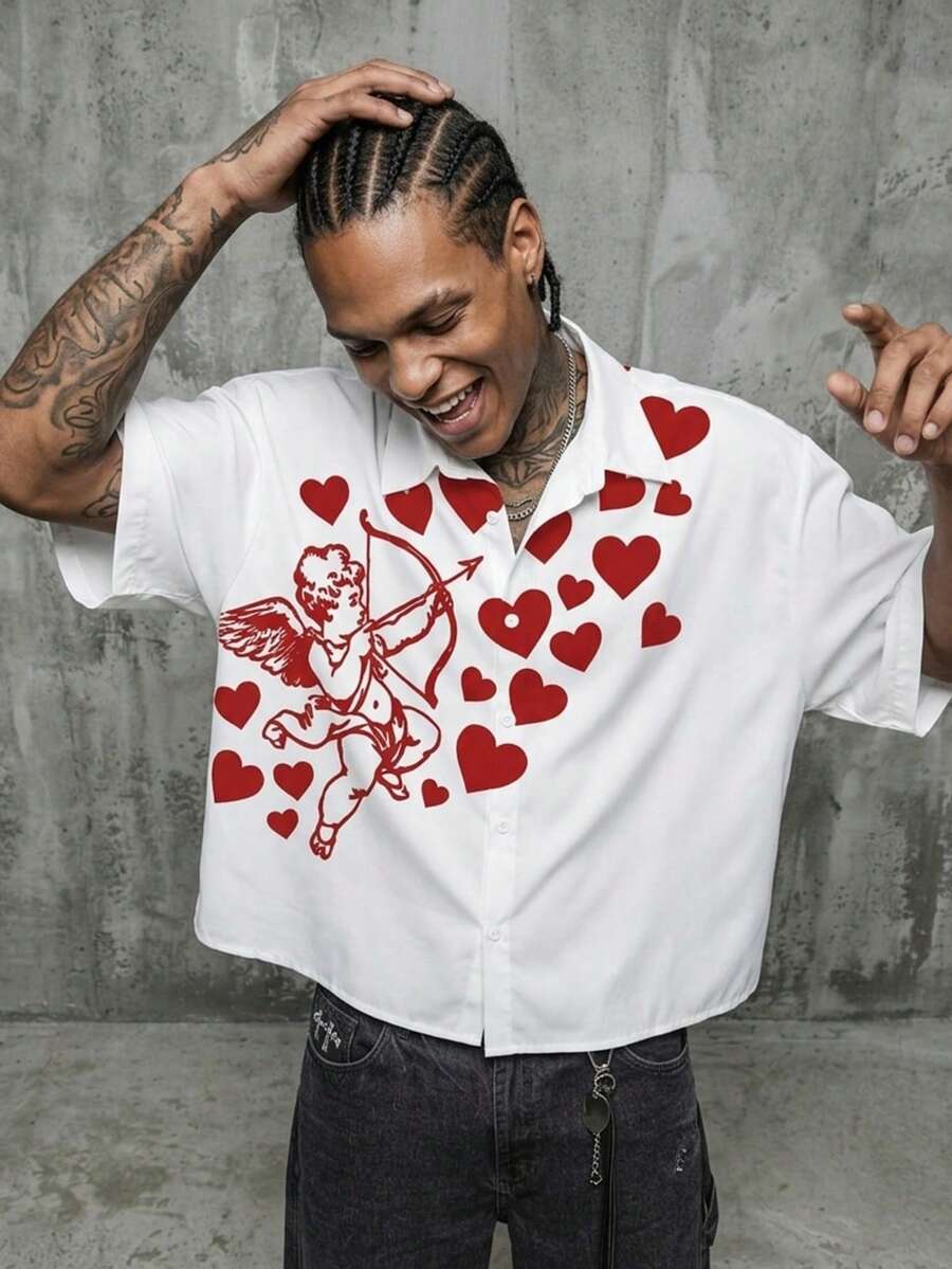 Manfinity ZONE917 Boxy Cropped Street Style Fun Red Little Angel All-Over Heart Print White Short Sleeve Shirt, Suitable For Spring And Summer, Gift For Boyfriend - Multicolor - View 1