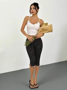 SHEIN PETITE 女款休閒波點印花修身七分褲，適合外出度假、返校，小碼女款黑白波點夏季款 - 黑色 - 查看 5