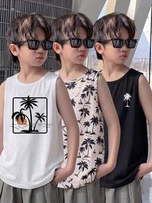 SHEIN 3pcs/Set Tween Boys Casual Vacation Style Coconut Tree Print Pullover Sleeveless Loose Knit Tank Tops, All-Over Coconut Tree Print Tank, White Tank, Black Tank, Basic Tops, Suitable For School, Vacation, Spring, Summer - Multicolor - View 6