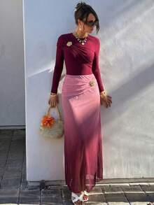 Swim Shayni Women's Gradient Long Sleeve Long Pants Mesh Skirt Metal Buckle Burkini Swimwear, Suitable For Spring/Summer Beach Swimming Burgundy Pink Modest - Burgundy - View 7