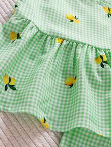 SHEIN Playful Pals 2件組女嬰幼兒/新生兒0-3歲春夏季休閒日常可愛度假條紋蝴蝶結裝飾可愛黃色檸檬印花吊帶上衣+短褲套裝 - 綠色 - 查看 7