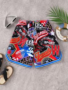 SHEIN Kids Tween Boy Japanese & Korean Style Casual Versatile Comfortable Coconut Tree Print Pattern Loose Patchwork Tight Inner Lining Woven Loose Swim Shorts Beach Pants - Multicolor - View 8