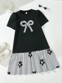 Tween Girl Black Floral Short Sleeve Black Dresses Homecoming Dress Fall Outfits Fall Dress - Black - View 1