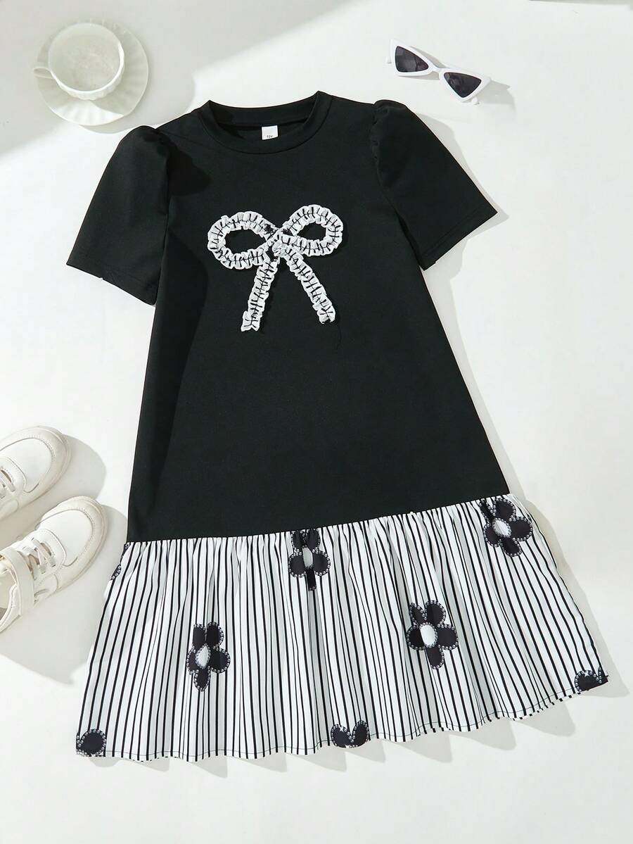 Tween Girl Black Floral Short Sleeve Black Dresses Homecoming Dress Fall Outfits Fall Dress - Black - View 1