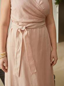 MOTF PREMIUM AUTUMN/WINTER WOMEN'S PLUS SIZE LINEN BLEND COLLARED SLEEVELESS WRAP LONG DRESS - Baby Pink - View 2